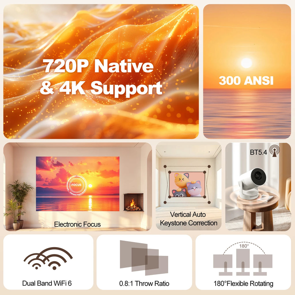 HY300 Ultra 4K Portable Projector 300ANSI Android 11 BT5.4 Outdoor Movie Projector with Electronic Focus & Speaker