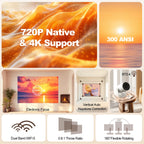 HY300 Ultra 4K Portable Projector 300ANSI Android 11 BT5.4 Outdoor Movie Projector with Electronic Focus & Speaker