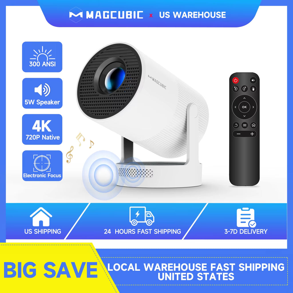 HY300 Ultra 4K Portable Projector 300ANSI Android 11 BT5.4 Outdoor Movie Projector with Electronic Focus & Speaker